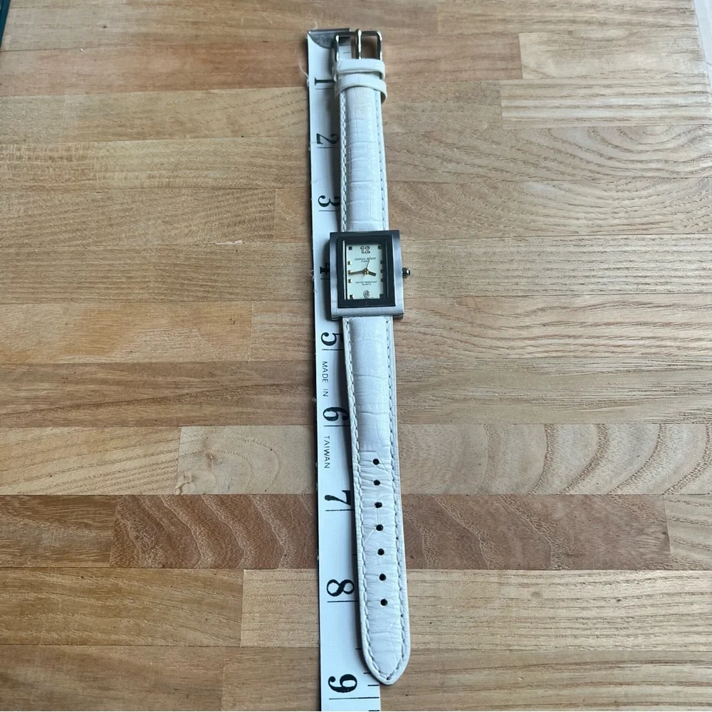 Charles Hubert Paris ladies rectangular white leather dress watch NEW BATTERY